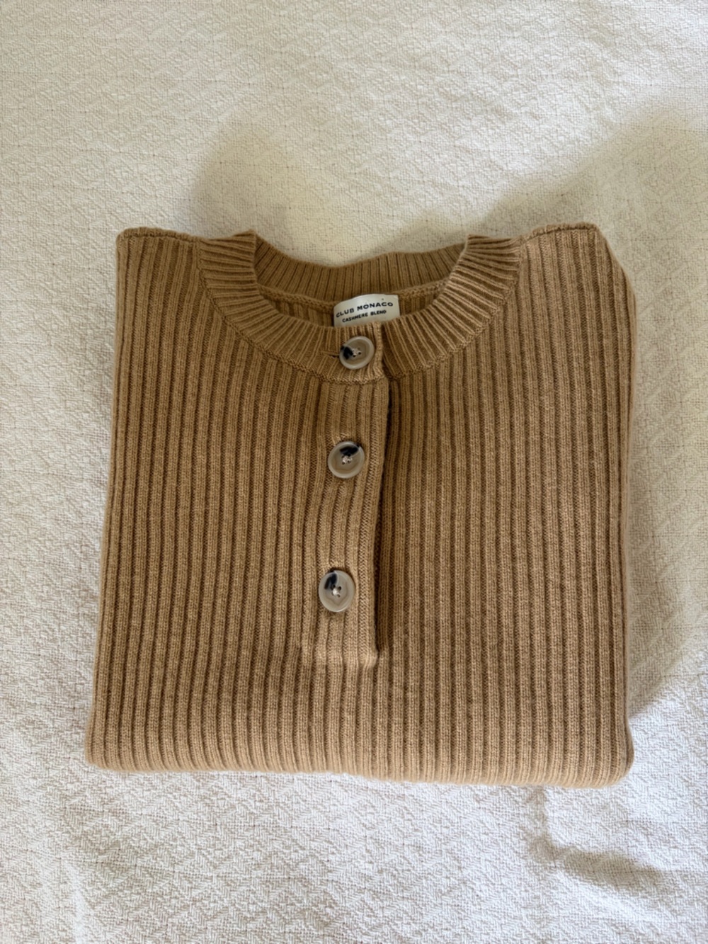 Club Monaco Ribbed Camel Button-Neck Sweater